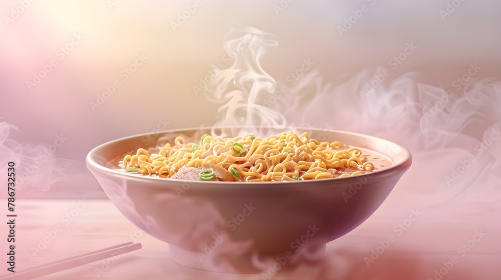 Soothing Steam A Comforting Bowl of Ramen with a Pastel Backdrop