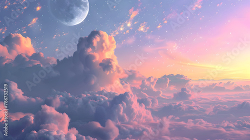 Mesmerizing Pastel Sky with Crescent Moon at Twilight Fantastical Celestial Landscape