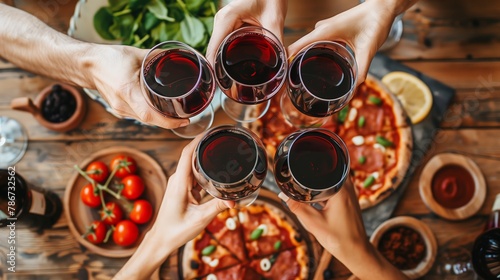 Casual Dinner with Red Wine and Pizza Among Friends