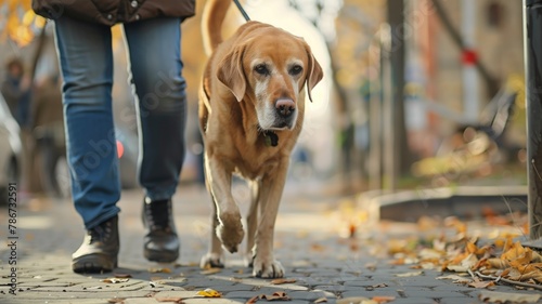 Golden retriever walking on leaf-strewn pavement with owner photo