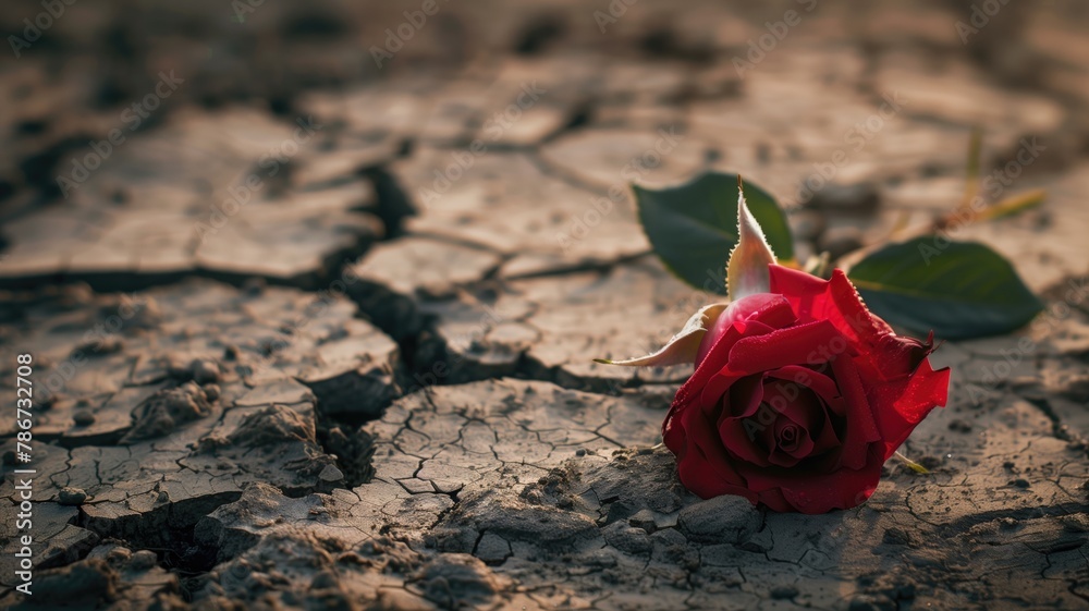Vibrant red rose lying on cracked dry earth Vibrant red rose lying on cracked dry earth