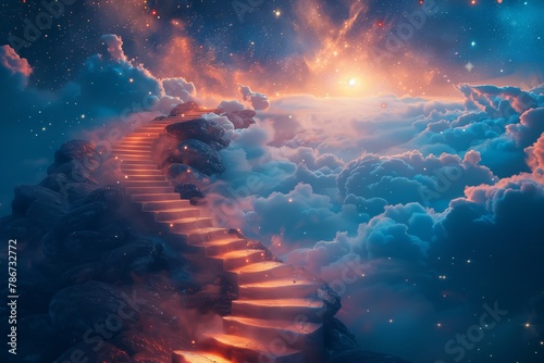 Stairs leading to the sky, fantasy background with stars and clouds, spiral staircase reaching into space