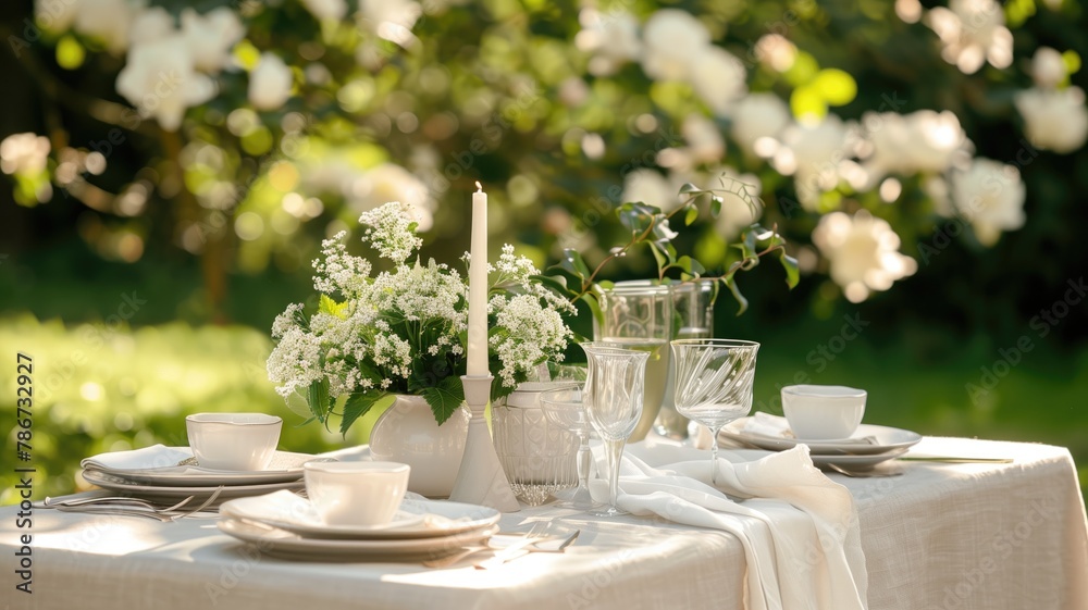 Outdoor dining table set elegantly with white dinnerware and flowers in garden