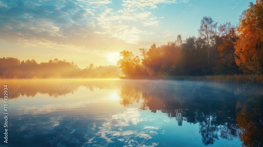 Fototapeta premium Sunrise over calm lake with autumn trees reflecting on water surface and fog