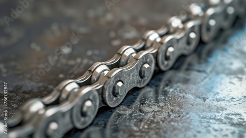 Close-up of metallic bicycle chain on textured surface photo