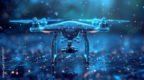 Abstract depiction of a drone with action video camera against a dark blue backdrop, characterized by lines and dots forming a polygonal low poly structure.