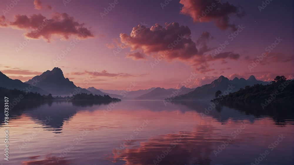 pink and purple sky and water fantasy landscape background from Generative AI