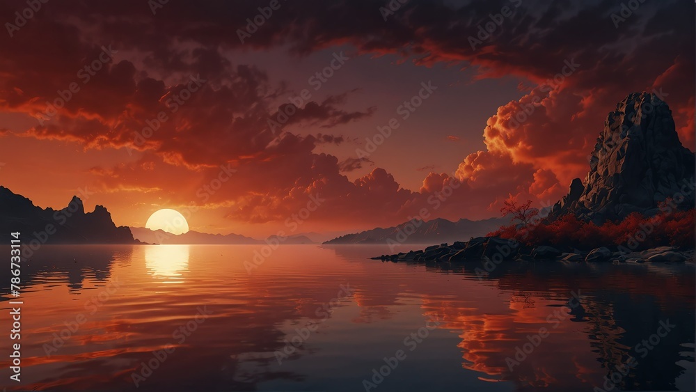 red sky and water fantasy landscape background from Generative AI