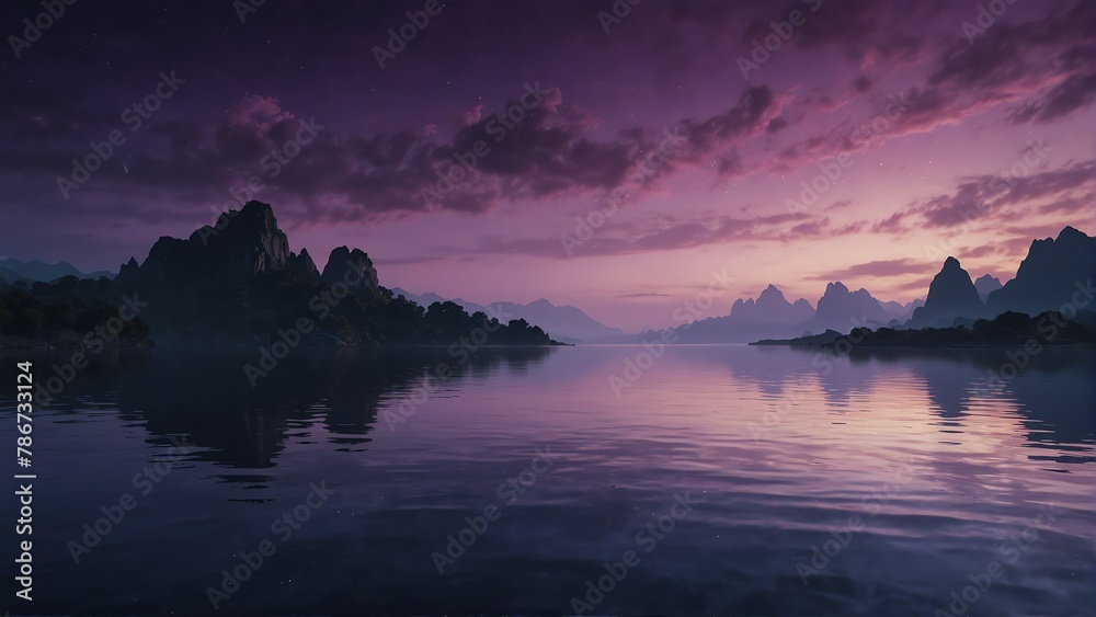 purple sky and water fantasy landscape background from Generative AI