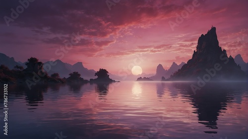 pink and purple sky and water fantasy landscape background from Generative AI