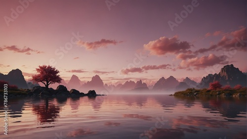 pink sky and water fantasy landscape background from Generative AI