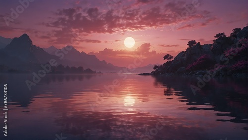 pink and purple sky and water fantasy landscape background from Generative AI