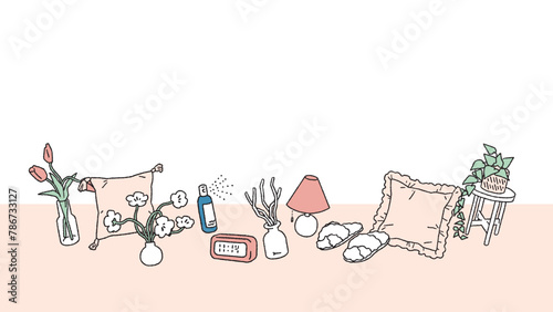インテリアのフレームベクターイラスト/ 観葉植物、食器、クッションなどの雑貨 Framed vector illustration of interior.