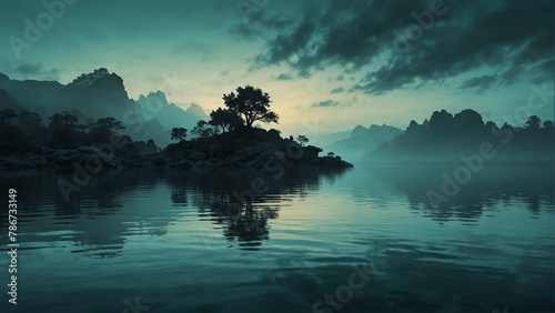 teal sky and water fantasy landscape background from Generative AI