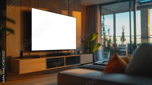 Mockup of flatscreen TV in modern living room, AI-generative photo