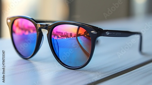 Black sunglasses with multicolor mirror lenses.