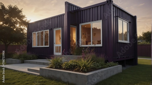 purple theme container house with entrance porch and front yard lawn and flower beds, with morning sunlight from Generative AI