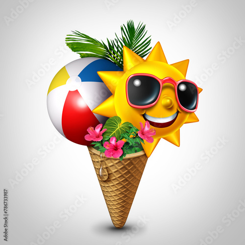 Summer Vibes hot seasonal symbol as a fun party ice cream cone for vacation and travel holiday festival for June July August months as a happy sun palm trees and beach ball.