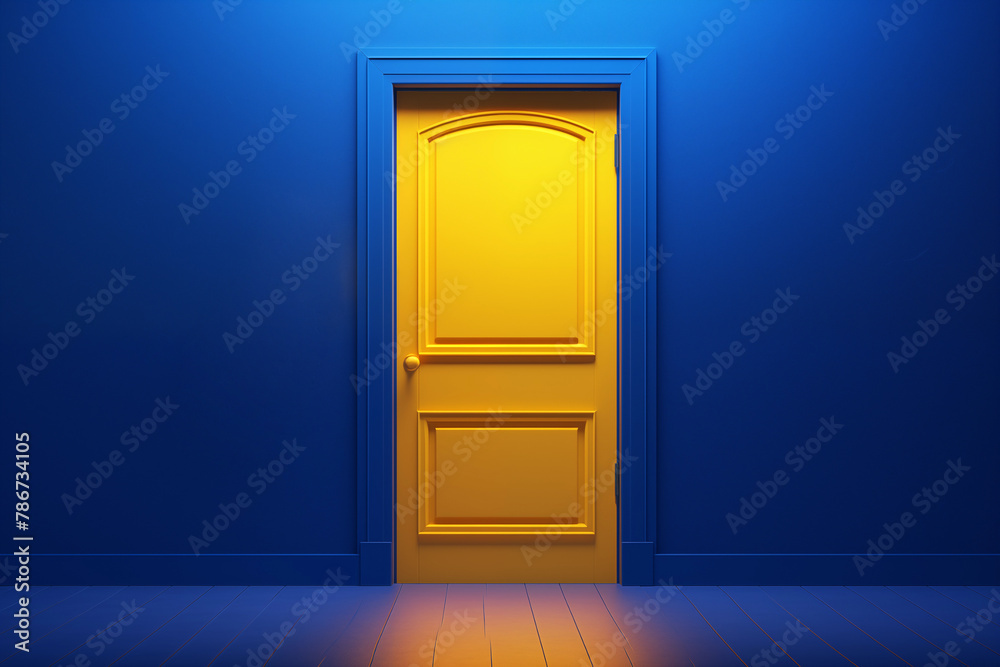 Closed yellow door with blue walls Closed yellow door with blue walls