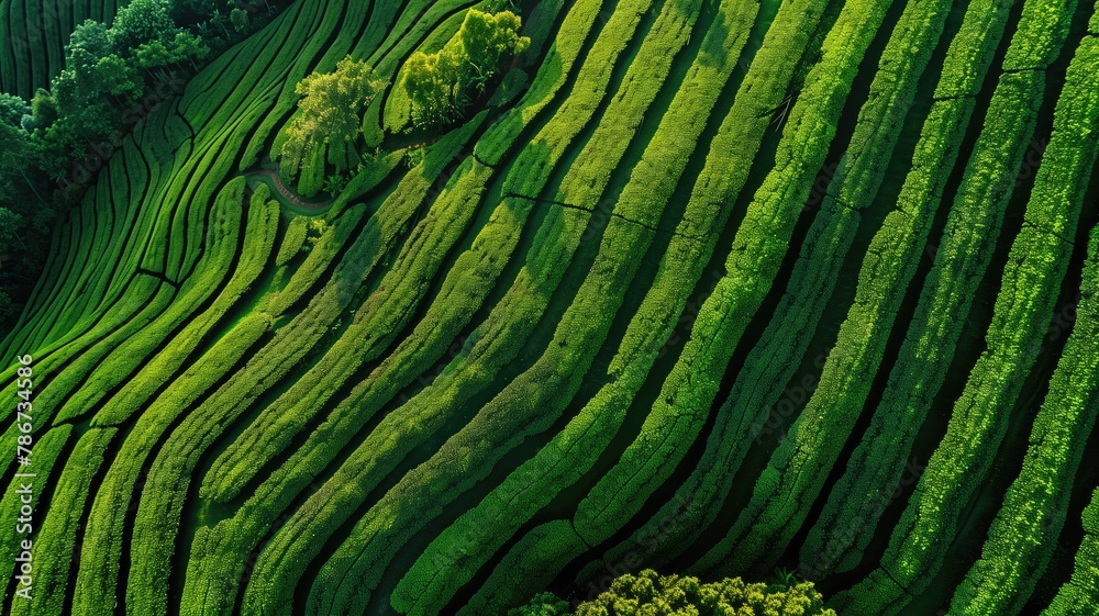 Aerial view of lush green terraced fields forming patterns Aerial view of lush green terraced fields forming patterns