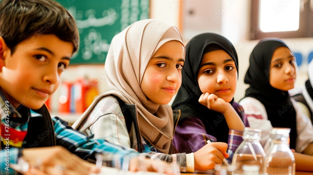 Students in an Islamic school learning about science and technology, showing the integration of faith and modern education. Students in an Islamic school learning about science and technology, showing the integration of faith and modern education.