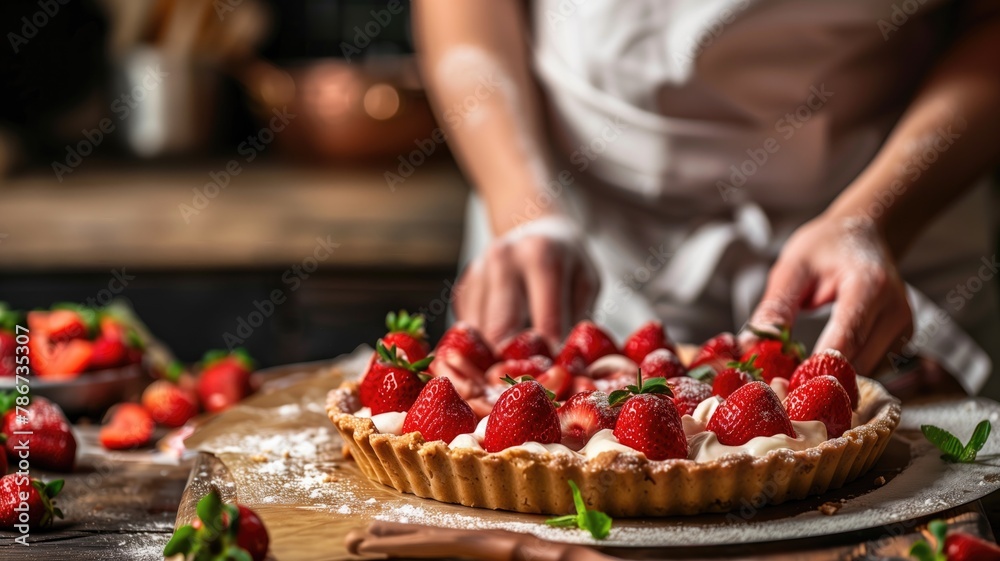 Person preparing fresh strawberry tart in rustic kitchen setting
