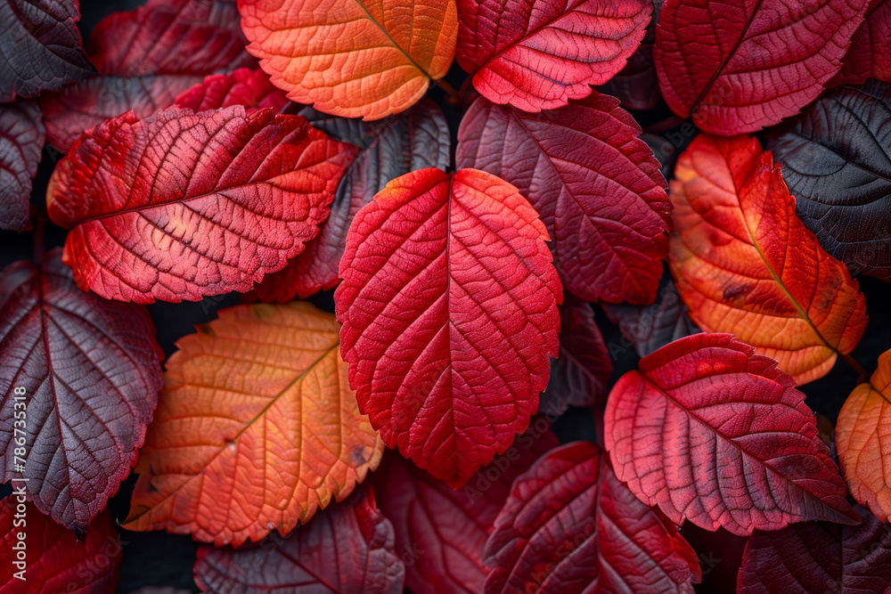 Fototapeta premium Vibrant autumn leaves displaying rich red and purple hues in a closeup view