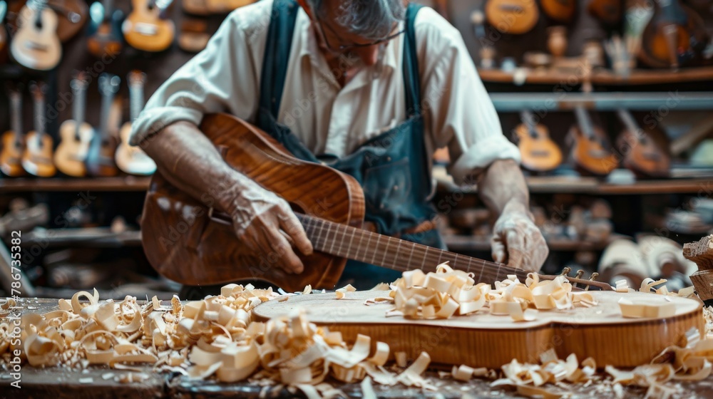 A craftsperson creating custom, hand-made musical instruments in a workshop filled with wood shavings and tools.