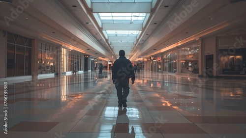 Person walking alone in empty mall with reflective floor and shops on either side