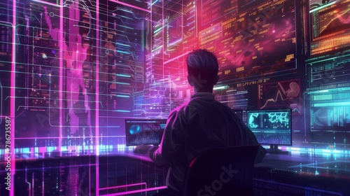 A cybersecurity analyst in a neon-lit office investigating blockchain security, in a vibrant, neon abstract style. © Exnoi
