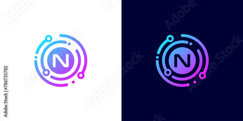 letter N technology logo with circle circuit line style for digital, data, connection