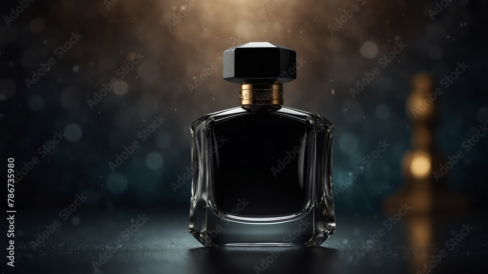 black perfume bottle on fantasy background from Generative AI - obrazy, fototapety, plakaty 