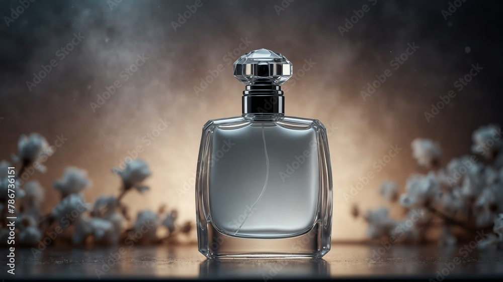 white perfume bottle on fantasy background from Generative AI