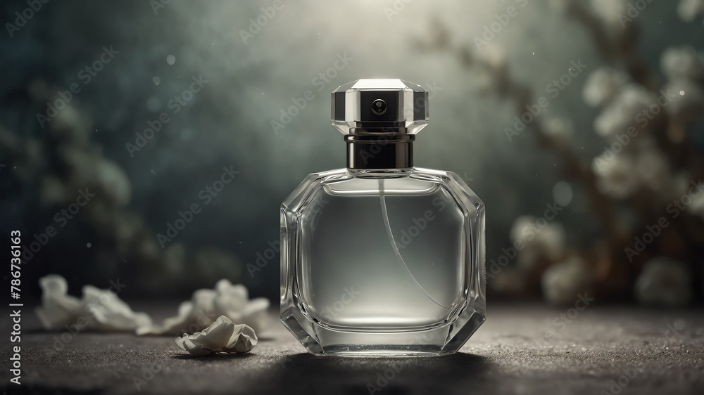 white perfume bottle on fantasy background from Generative AI
