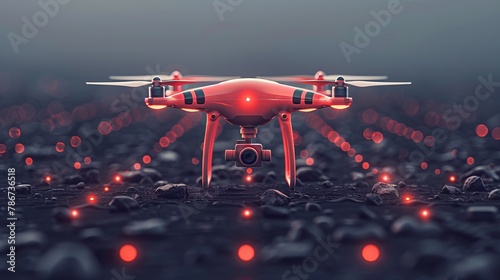 Illustration of a remote aerial drone equipped with a camera for photography or video recording, presented in flat design on an isolated background.