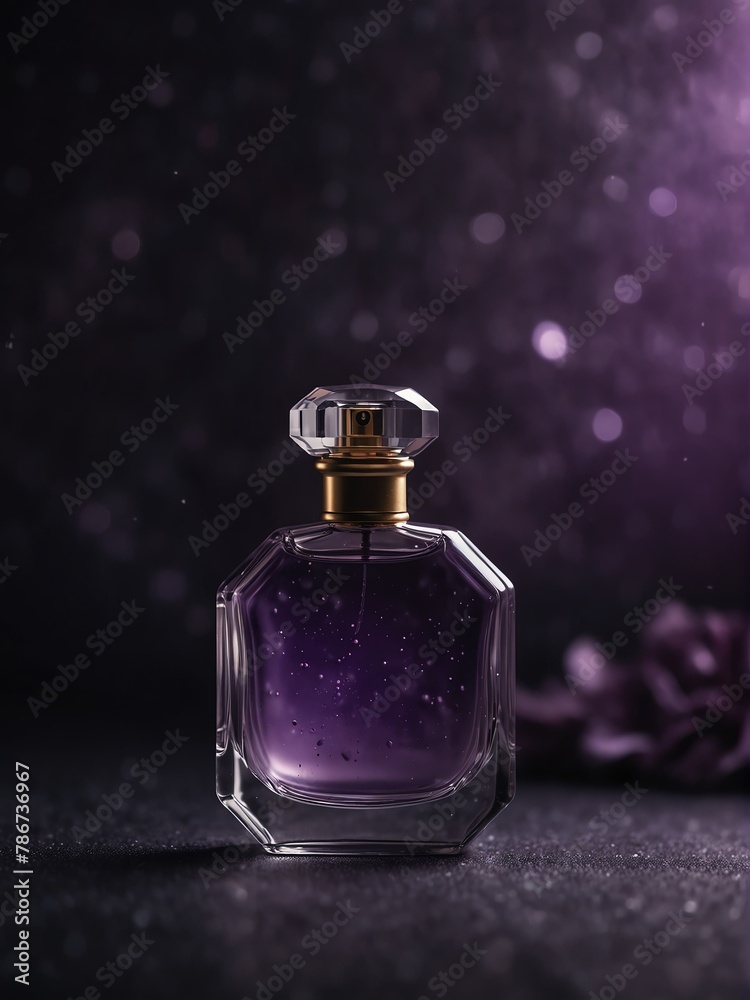purple perfume bottle on magical glowing fantasy background from Generative AI purple perfume bottle on magical glowing fantasy background from Generative AI