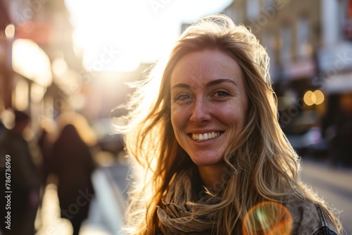 Portrait of a beautiful young woman with blond hair in the city