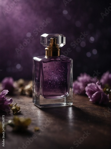 purple perfume bottle on magical glowing fantasy background from Generative AI