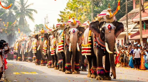The procession of beautifully decorated elephants during the Thrissur Pooram festival in Kerala, India, with spectators marveling at the spectacle. photo