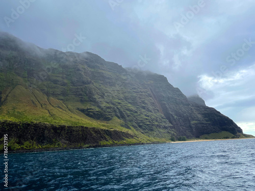 Green coastal cliffs, beaches, and ocean of Kauai Hawaii