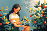 Illustration of a smiling woman tending to a potted plant with ripe oranges among lush greenery.