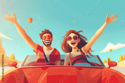 Illustration of a joyful couple driving in a red convertible under a clear blue sky. © neatlynatly
