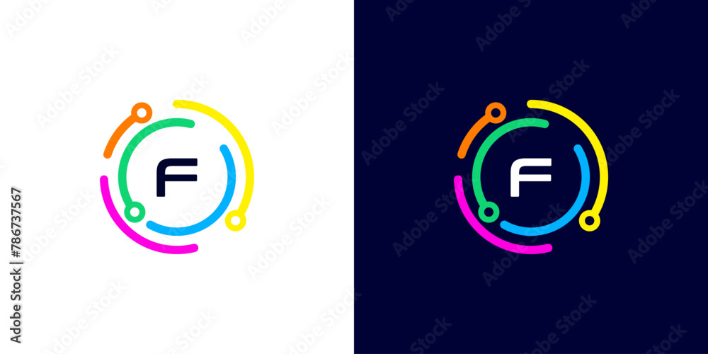 Fototapeta premium letter F technology logo with colorful connection circuit circle dots for technology,data,internet,computer