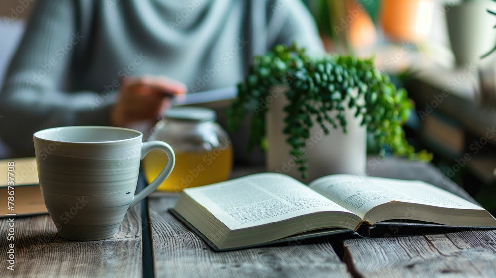 Person studying with open book, coffee cup, plant on table Person studying with open book, coffee cup, plant on table