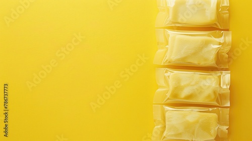 Individual butter packets aligned on yellow background photo