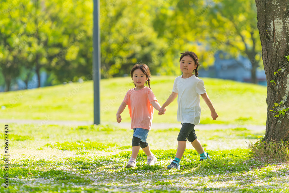 Fototapeta premium 芝生の公園を手を繋いで歩く姉妹