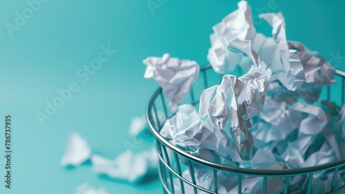 Crumpled paper balls in wire mesh trash can with overflow against teal background