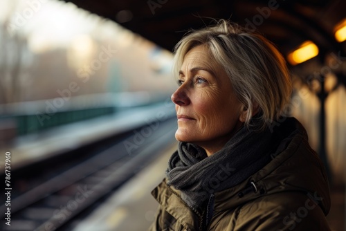 Portrait of a senior woman on the train station at sunset. © Iigo