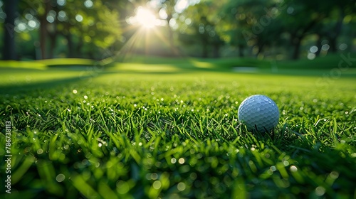 Soft-focused close-up of golf ball on green grass in sunlight.