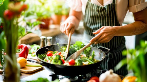 The warmth of home cooking: a woman's hands carefully stirring a wok full of fresh vegetables for a family stir fry.